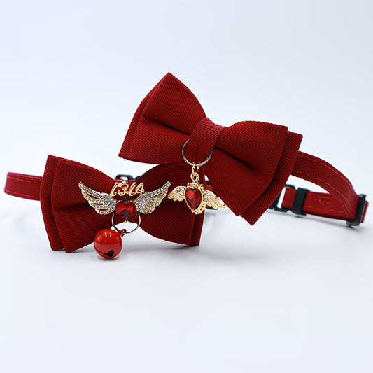 Red Bow Adjustable Cat Collar, Flower Heart Pendant Pet Collar