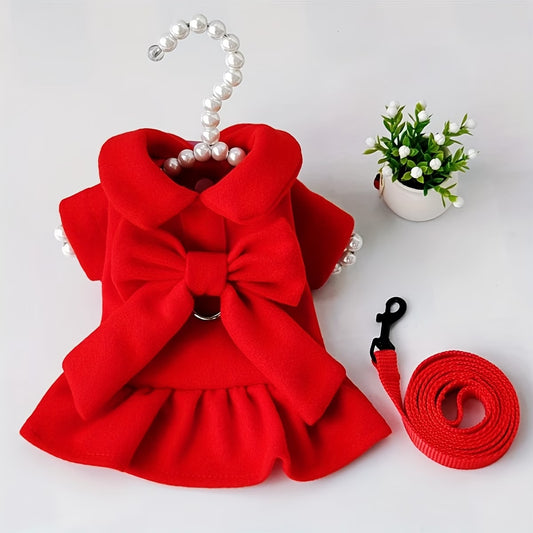 Winter Red Dress with Bow, Adjustable Harness and Leash for Cats & Dogs